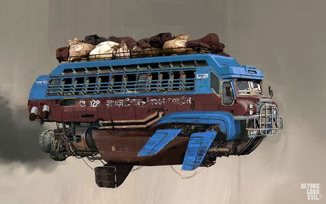 Flying Bus Art - Beyond Good and Evil 2 Art Gallery Space Monkey, Beyond Good And Evil, Bus Art, Space Ships Concept, Space Ship Concept Art, Flying Car, Futuristic Cars, Vehicle Design, Good And Evil