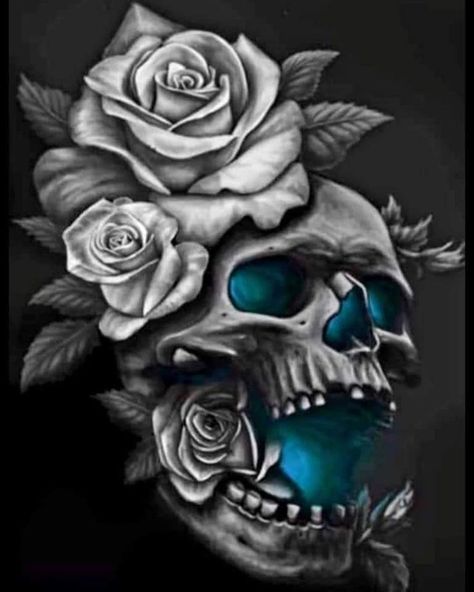 Blue Skull Tattoo, Pretty Skull Tattoos, Crucifix Tattoo, Skull Photo, Skull Rose Tattoos, Tattoo Pics, Skull Art Tattoo, Sugar Skull Artwork, Rose Drawing Tattoo