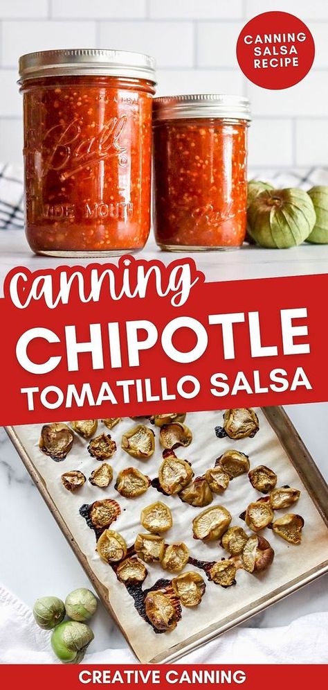 Canning chipotle tomatillo salsa brings together the smoky heat of chipotle peppers and the savory base of tomatillos. This homemade salsa can be made fresh and preserved using water bath canning. Perfect for elevating your dishes, it's smoky, tangy, and spicy. Find more canning recipes for beginners, water bath canning recipes, canning jalapeno peppers, and Tomatillo Recipes for Canning & Canning Tomatillos at creativecanning.com. Canning Recipes For Beginners, Canning Hot Peppers, Canned Tomatillos, Canning Jalapeno Peppers, Tomatillo Recipes, Canned Salsa Recipes, Salsa Canning Recipes, Water Bath Canning Recipes, Canning Jam Recipes