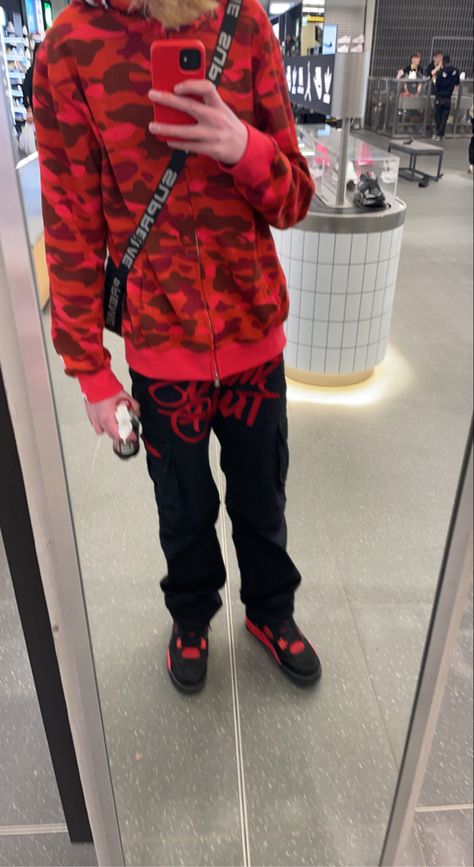 y2k Red And Black Fits, Y2k Bape, Minus Two, Outfit Drip, My Vibe Aesthetic, Jordan 4 Red Thunder, Drip Clothing, Jordan 4 Red, Bape Hoodie