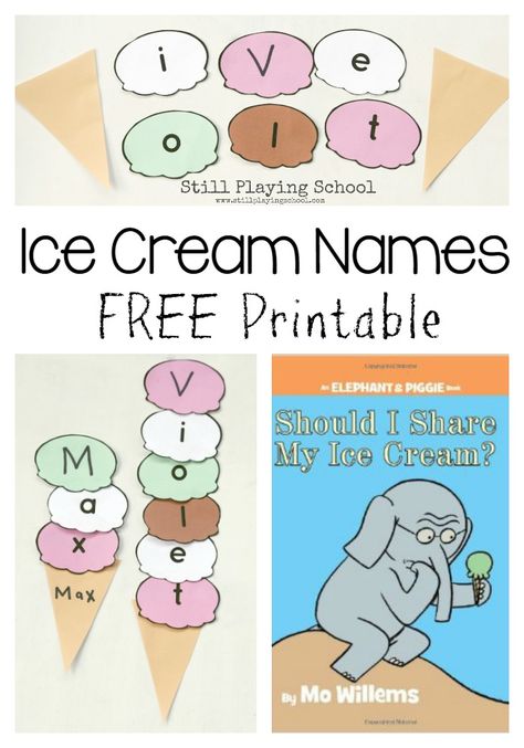 Kids practice spelling names with ice cream puzzles which include a free… Mo Willems Activity, Prek Books, Mo Willems Author Study, Ice Cream Names, Mo Williams, Piggie And Elephant, Ice Cream Crafts, Preschool Names, Author Study