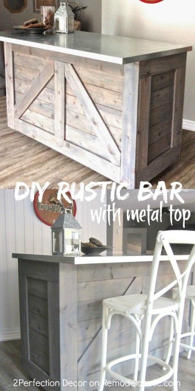 DIY rustic bar, hacked from an existing cabinet, topped with metal #diy #bar Diy Rustic Bar, Diy Kitchen Makeover Ideas, Cocina Diy, Diy Muebles Ideas, Bar In Casa, Kitchen Island Bar, Kitchen Diy Makeover, Rustic Bar, Bar Cart Decor