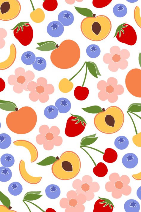 This seamless file features peaches, strawberries, blueberries and cherries surrounded by peachy flowers set against a white backdrop Fruit Wallpaper Pattern, Modern Textiles Patterns, Cross Stitch Flower, Pattern Fruit, Room Vibes, Fruit Wallpaper, Textile Pattern Design, Funny Phone Wallpaper, Hand Drawn Pattern