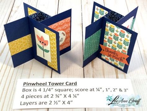 Pinwheel Tower fun fold cards are easy but a sure WOW! | Flowerbug's Inkspot | Bloglovin’ Fancy Fold Card Tutorials, 3d Cards, Shaped Cards, Interactive Cards, Fancy Fold Cards, Fancy Folds, Fun Fold Cards, Card Tutorials, Christmas Cards Handmade