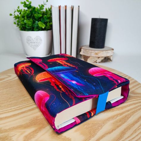 Colourful Jellyfish, Adjustable Book Cover, Planner Bag, Emprendimiento Ideas, Colorful Jellyfish, Fabric Book Covers, Book Protector, Mobile Home Decorating, Book Pouch