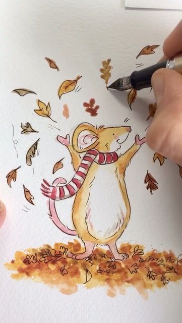 Autumn Watercolor Illustration, Ellie Hooi Illustration, Cute Autumn Drawings, Watercolour Mouse, Fall Illustration Art, Autumn Ornaments, Autumn Watercolour, Thanksgiving Watercolor, Autumn Drawing