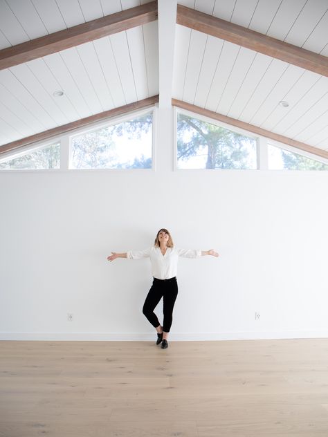 The Master Suite is Complete! White Shiplap Ceiling, Triangle Ceiling, Ceiling Paneling, Painted Shiplap, Vaulted Ceiling Beams, Vaulted Master Suite, Master Suite Design, Master Suite Remodel, Triangle Window