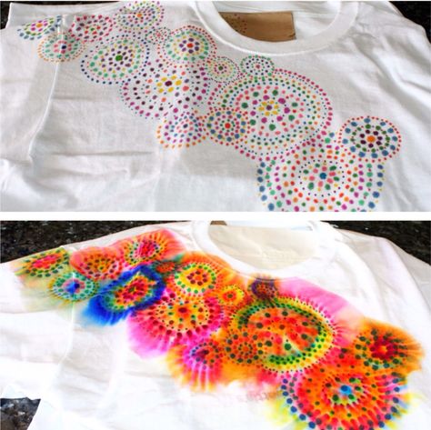 This project is great if you don't have tie dye, and if it's not summer you can just do it on a table and put down a towel you don't care about.  What you need:  Sharpies  Rubbing alcohol  100% cotton t-shirts (blends will not work)  Clothes iron (do this when it drys to keep the color from fading) Tie Dye Sharpie, Sharpie Tie Dye, Ty Dye, Sharpie Crafts, Summer Camp Crafts, Diy Sharpie, Tie Dye Crafts, Diy Tie, Tie Dye Techniques