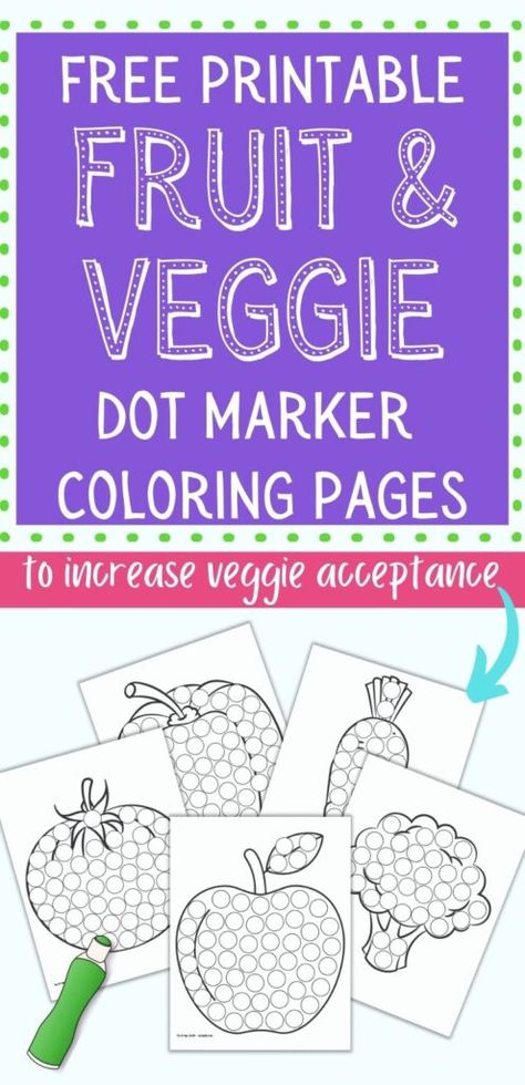 Tired of mealtime battles over vegetables? These free printable dot marker coloring pages with fruits and vegetables for preschoolers and toddlers can help! Research shows visual exposure to unfamiliar fruits and vegetables helps young children accept them at meal time. Grab your free printable fruit and veg dab it dot marker coloring pages for a fun, no-prep activity for toddlers and preschoolers that will help them learn to love their veggies! Fruit Do A Dot Printable, Vegetable Dot Painting, Healthy Foods Preschool Theme, Vegetable Theme Preschool Activities, Veggies Activities For Preschool, Vegetable Projects For Preschoolers, Preschool Vegetable Theme, Fruit Themed Preschool Activities, Fruit Vs Vegetable Preschool