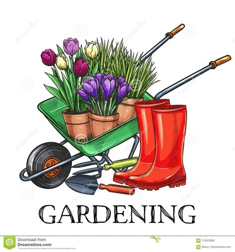 Wheelbarrow Flowers, Gardening Tools Illustration, Wheelbarrow With Flowers, Plant Cartoon, Garden Clipart, Gardening Gear, Garden Services, Garden Tool Set, Garden Maintenance