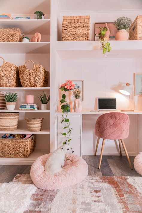 HomeGoods Pastel Bohemian Office Makeover | Keiko Lynn Out Of Office Aesthetic, Pastel Home Office Ideas, Aesthetic Home Office Ideas, Pastel Office Aesthetic, House Interior Pastel, Pink Office Space, Cute Office Space, Pastel Home Office, Maximalist Home Office