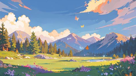 Anime Scenery Wallpaper Landscapes Pc, Landscape Art Wallpaper Desktop, Anime Illustration Art Wallpaper Desktop, Cute Environment Art, Ghibli Art Landscape, Illustration Art Wallpaper Desktop, Kawaii Background Landscape, I Pad Backgrounds Aesthetic Horizontal, Pixel Art Fantasy Landscape