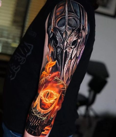 The Shocking Meaning Behind These 101 Lord Of The Rings Tattoos - TATTOOGOTO Lotr Nazgul Tattoo, Lord Of The Rings Sauron Tattoo, Sauron Tattoo Design, Eye Of Sauron Tattoo, Lord Of The Rings Tattoo Ideas, Nazgul Tattoo, Balrog Tattoo, Sauron Tattoo, Lotr Sleeve