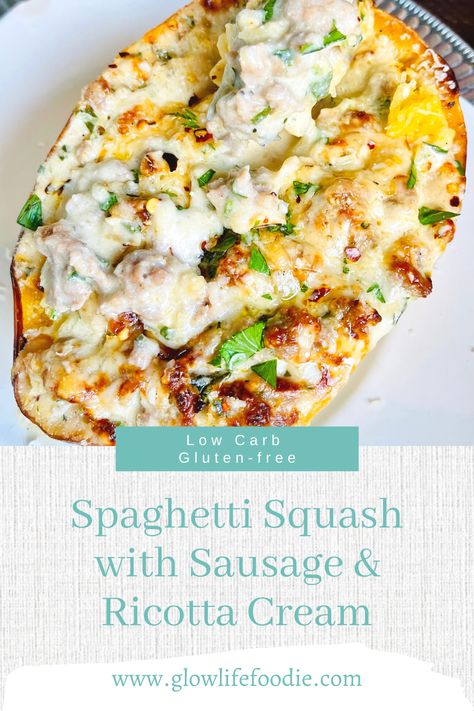 This recipe for spaghetti squash with sausage and ricotta cream is the perfect meal for a busy weeknight. It is quick and easy to make, and the leftovers are just as good as the first night. Plus, it is a great way to get your kids to eat their vegetables. Follow @GlowLifeFoodie for more recipes! Spaghetti Squash With Sausage, Recipe For Spaghetti Squash, Squash With Sausage, Polish Sausage Recipes, Sausage Ricotta, Sausage And Spaghetti Squash, Ricotta Cream, Recipe For Spaghetti, Gluten Free Spaghetti