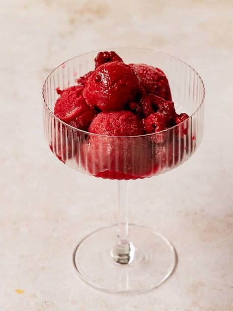 Raspberry Sorbet - Olives + Thyme Strawberries And Sugar, Homemade Sorbet, Frozen Raspberries, Strawberry Sorbet, Ice Cream Makers, Raspberry Syrup, Raspberry Seeds, Raspberry Sorbet, Strawberry Puree