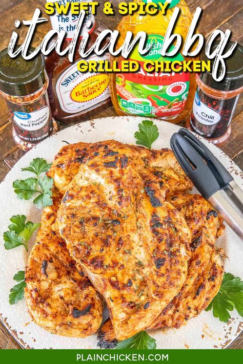 Sweet and Spicy Italian BBQ Grilled Chicken - only 4 ingredients in the marinade! BBQ sauce, Italian dressing, chili powder and red pepper flakes. Sweet and spicy! SO delicious! We make this once a week. Everyone cleans their plate. The chicken is so juicy and has TONS of flavor! We never have any leftovers. Firehouse Meals, Italian Bbq, Grilling 101, Buffalo Ranch Chicken, Lunch Bowls, Grilled Recipes, Chipotle Ranch, Buffalo Wing, Buffalo Ranch