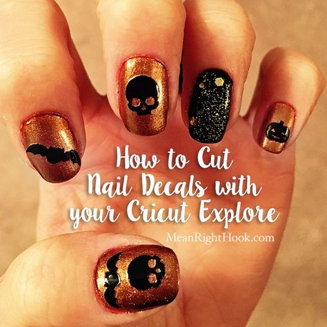 How to cut nail decals with your Cricut Explore | MeanRightHook.com #nails #nailart #halloween #halloweennails Nail Vinyl Decals, Nailart Halloween, Fun Nail Designs, Nail Decals Diy, Cool Stencils, Decals Cricut, Cricut Hacks, Decal Ideas, Nail Vinyls