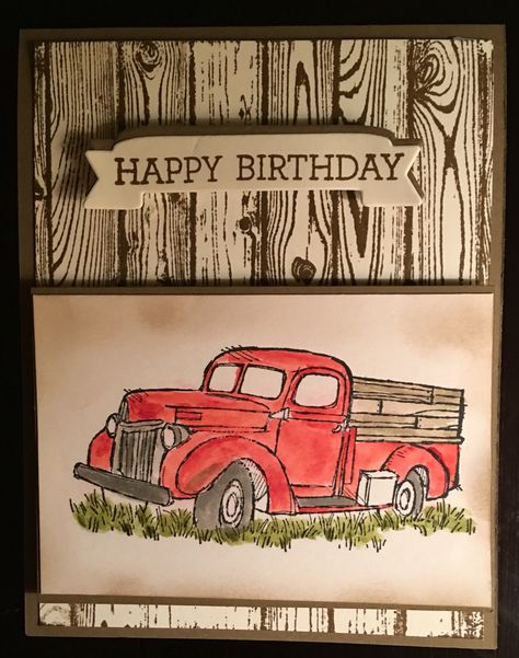 Masculine birthday card using the truck from the Livin Country stamp set in the 2016/2017 all occasion catalog. Truck water colored in real red classic ink Old Truck, Masculine Birthday Cards, Boy Cards, Birthday Cards For Men, Stamping Up Cards, Male Cards, Man Birthday, Masculine Cards, Red Truck