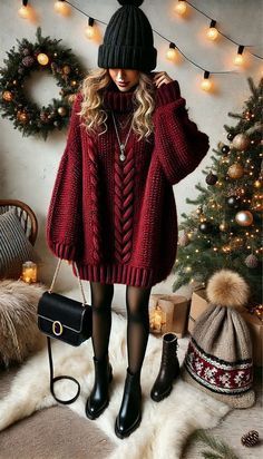 Sweater Dress With Chunky Boots, Cozy Christmas Outfit, Chunky Knit Sweater Dress, Oversized Chunky Knit Sweater, Christmas Sweater Outfits, Holiday Outfit Inspiration, Cozy Sweater Dress, Delicate Gold Jewelry, Holiday Outfits Women