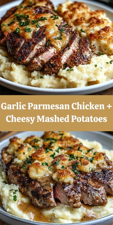 Chicken And Mashed Potatoes Dinner Ideas, Mashed Potato Bake Recipe, Steak Bake, Chicken Mashed Potatoes, Garlic Parmesan Potatoes, Baked Steak, Favorite Christmas Recipes, Loaded Mashed Potatoes, Potato Dinner