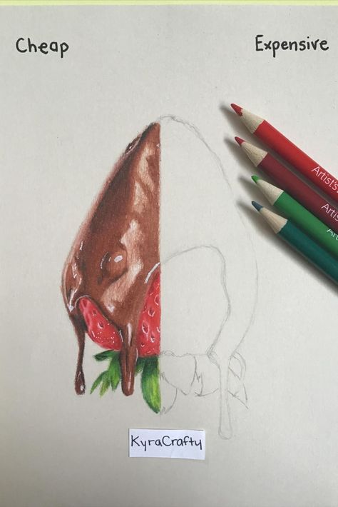 Hi! This is half a drawing of a chocolate covered strawberry for a cheap vs expensive video. Click the link to see the video. I hope you like it! Chocolate Covered Strawberry Drawing, Expensive Art Supplies, Drawing Realism, Strawberry Drawing, Shorts Drawing, Expensive Art, Covered Strawberry, Chocolate Covered Strawberry, Chocolate Strawberry