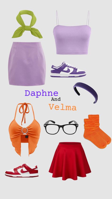 Daphne and Velma costume!! #preppy #halloween #cute #daphne #velma #daphneandvelma #purple #ornage #costume Velma Halloween Costume, Fun Halloween Outfits, Velma Costume, Preppy Halloween, Daphne Costume, Daphne And Velma, Bff Halloween Costumes, Trio Halloween Costumes, Halloween Coustumes