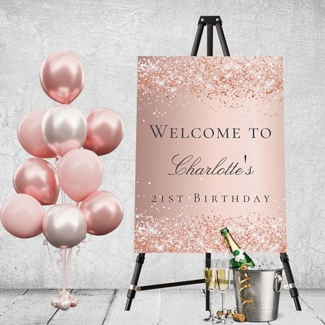 Birthday rose gold blush glitter dust welcome foam board  Zazzle Rose Gold 40th Birthday Decorations, Rose Gold Party Theme Birthday, Lounge Birthday Party Decor, Rose Gold Decorations Birthday, Rose Gold Centerpiece Birthday, Rose Gold Birthday Theme, Pink And Gold Party Ideas, 21st Decor, 60th Birthday Ideas For Mom Party