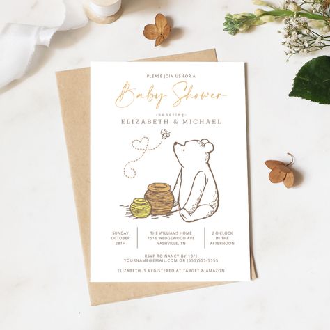 Classic Winnie the Pooh Baby Shower Invitation Disney Modern, Gender Neutral Invitations, Winnie The Pooh Baby Shower, Garden Baby Showers, Disney Baby Shower, Gender Neutral Baby Shower Invitations, Classic Winnie The Pooh, Pooh Baby, Baby Shower Invites