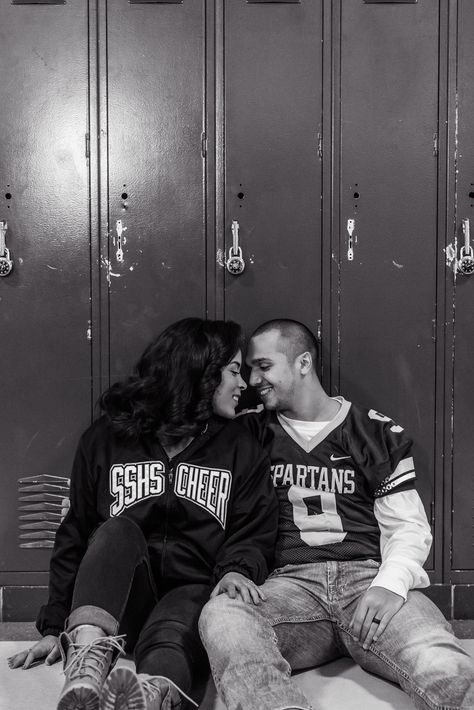 High school sweethearts Engagement  Southeast Spartans  Lockers High School Sweethearts Photoshoot, Highschool Sweetheart Photoshoot, High School Sweethearts Wedding, High School Sweetheart Photoshoot, High School Sweetheart Engagement Photos, School Engagement Photos, High School Sweetheart Wedding, School Couples, High School Couples