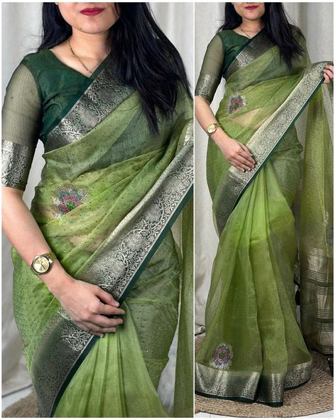 *Perfect party wear organza saree with elegance of savroski diamond work* *Product details*👇🏻 *FABRIC-soft organza jacquard border with running blouse* *Size-* *Saree-6.30mtr with running blouse* *Pattern- pedding color saree with multi colored savroski stone work & tussles in pallu with viscose zari boder Stone Work Saree Blouse Designs, Elegant Saree Party Wear, Casual Blouse Designs, Saree Color Combinations, Trendy Saree, Banaras Sarees, Fancy Sarees Party Wear, Saree Blouse Patterns, Elegant Blouse Designs