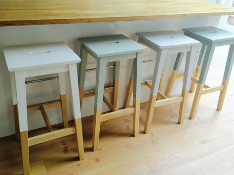 Painted IKEA breakfast stools in Farrow & Ball All White, Mizzle, Cornforth White and Pigeon. Painting Wooden Stools Ideas, Bar Stool Painting Ideas, Ikea Bar Stool Makeover, Painted Kitchen Stools, Ikea Bar Stool, Bar Stools Ikea, Farrow Ball All White, Ikea Breakfast, Ikea Barstools