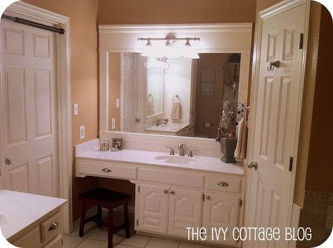 Neutral Master Bathroom Remodel – Remodelaholic Bathroom Mirror Makeover Frames, Room Mirror Ideas, Mirror Upgrade, Bathroom Mirror Makeover, Large Bathroom Mirrors, Mirror Makeover, Bathroom Mirror Frame, Builder Grade, Large Bathrooms