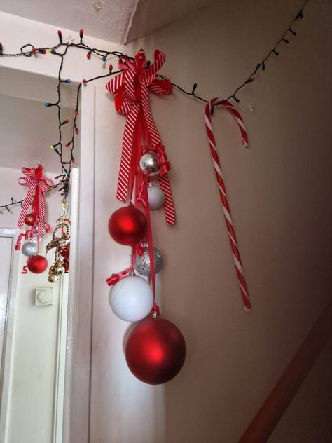 Christmas Decorating Club (Official JPC) | hanging baubles all done now with candy stripe ribbon | Facebook Hanging Baubles, Striped Ribbon, Candy Stripes, Christmas Decorating, Christmas Decorations, Ribbon, Candy, Christmas