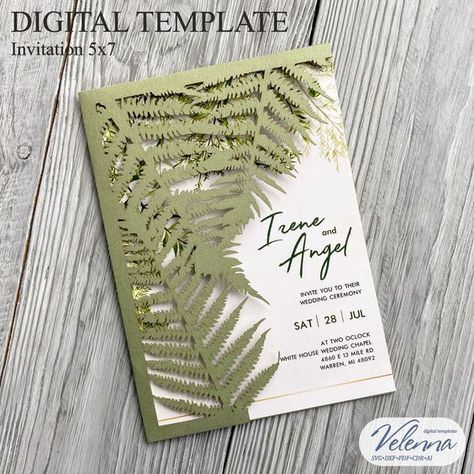 Laser cut files templates Cricut Invitations, Cricut Wedding Invitations, Fern Wedding, Wedding Invitations Leaves, Cricut Wedding, Pocket Invitation, Laser Cut Invitation, Invitation Envelope, Fern Leaves