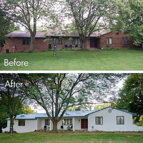 Time for the big reveal! Our #paintedbrick ranch with her new #metalroof She’s a stunner!! Big thank you to @c_robinson__ of @pioneerroofing for helping us through the process!!! #exteriorpaint #behrpaint #exteriorpainting #exteriormakeover #exteriorremodel #newroof #fixerupper Brick Exteriors, Midwest Home, Painted Brick Exteriors, My First House, 1970s House, Cedar Shutters, Flip House, Painted Brick House, Home Exterior Makeover