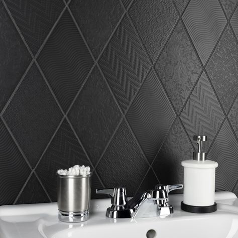 Bring a modern, geometric look to your home with the Rhombus Black 5-1/2 in. x 9-1/2 in. Porcelain Floor and Wall Tile. This diamond-shaped tile features four unique patterns, including waves, zig-zags, floral lace and letters. Rhombus Tile, Black Tile Bathrooms, Black Backsplash, Dark Tile, Patterned Wall, Contemporary Tile, Merola Tile, Black Tiles, Porcelain Floor