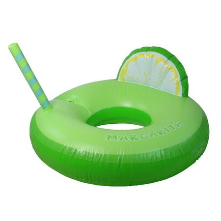 This adorable inner tube float featuring a colorful lime wedge design is perfect for relaxing in the water on a hot summer day. You will be the center of attention lounging around in the pool or on the beach. You can also use the cup holder and enjoy a cool drink while lounging around! Product Features: Inflatable swimming pool inner tube float Green blue yellow and white colored The float is designed to look like a lime margarita with a straw sticking out Features a built in cup holder for cool drinks with a headrest Can be used for an outdoor or indoor pool There is a repair patch included For ages 13 years and Up Dimensions: 41" diameter (deflated) Material(s): vinyl Intertubes Float, Inner Tube Float, Person Swimming, Green Margarita, Living Pool, Swimming Pool Floats, Swimming Pool Accessories, Lime Margarita, Inflatable Pool Floats