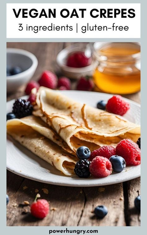 Vegan oat crepes, made with 3 ingredients in a blender! #veganrecipe #veganrecipes #crepes #glutenfree #glutenfreecrepes #3ingredientrecipe #oats #vegancrepes #veganbreakfast #veganpancakes #glutenfreepancakes #eggfree #dairyfree #oatcrepes #oatpancakes #oatrecipes Oat Crepes, Vegan Crepes, Gluten Free Crepes, Oil Free Vegan Recipes, Healthy Low Calorie Meals, 3 Ingredient Recipes, Oat Pancakes, Gluten Free Pancakes, Oil Free Vegan