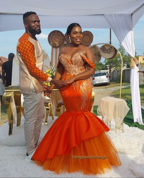 Zulu Traditional Wedding Dresses African Prints, Orange Traditional Wedding Dresses, Orange African Wedding Dress, Traditional Kenyan Wedding Dress, Orange Traditional Dresses African, Membeso Dress For The Bride, Orange Shweshwe Dresses, Ruracio Outfits For Ladies Kikuyu, Chilanga Mulilo Dresses