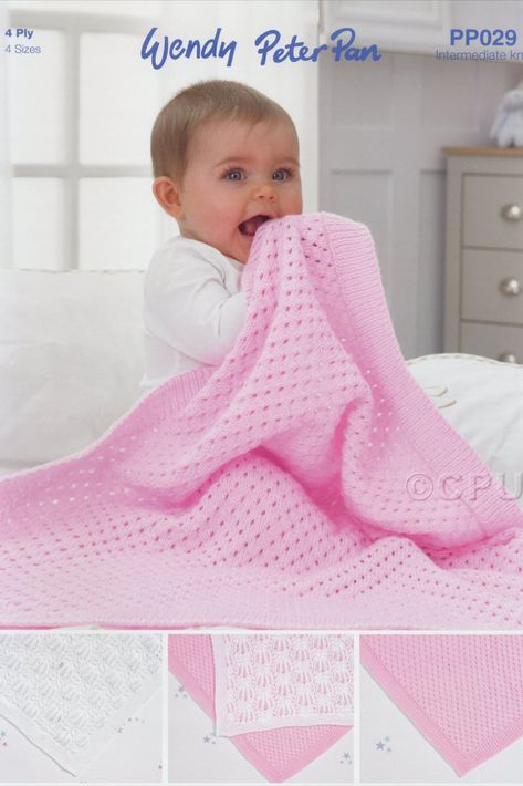 Picture shows the front of the pattern leaflet. There is a baby putting a pink blanket to his mouth with additional pictures of the other blankets available to knit from this pattern leaflet Baby Blankets Knitted, Wendy Peter Pan, Blankets Knitted, Lace Blanket, Pram Blanket, Baby Garments, Baby Blanket Knitting Pattern, Blanket Cover, Knitted Baby Blankets