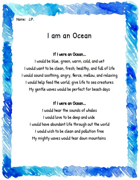 Poem Generator, Ocean Meaning, Personification Poems, Ocean Poem, Persona Examples, Ocean Acidification, Classroom Charts, Creative Writing Ideas, Ocean Kids