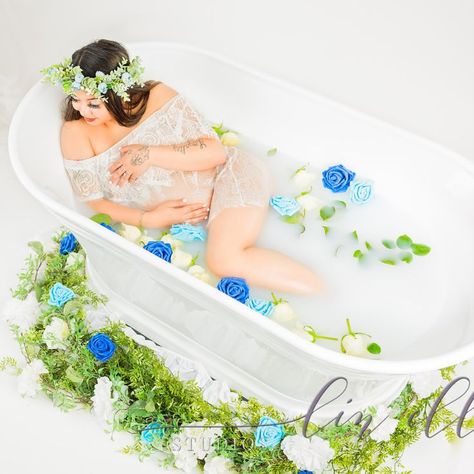 Pregnant mamma in dreamy milk bath with blue flowers Maternity Photo Shoot Ideas Milk Bath, Maternity Shoot Milk Bath, Blue Flowers Maternity Shoot, Floral Milk Bath, Couples Milk Bath Maternity, Black Lace Milk Bath Maternity, Baby Gift Registry, Milk Bath Maternity, Pregnancy Pics