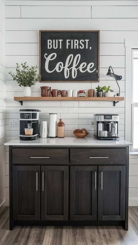 35+ Coffee Bar Ideas For Your Home Coffee Bar Ideas Small Spaces Kitchen, Coffee Bar Black And White, Coffee Bar For Bedroom, Entryway Coffee Bar, Coffee Bar Color Ideas, Coffee Aesthetic At Home, Coffee And Bar Ideas For Home, At Home Coffee Station, Coffee Bar Wall Ideas