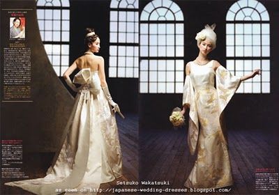 Western-Style Kimono Fabric Wedding Dresses from Setsuko Wakatsuki...Great details to recreate in your custom-made wedding dress. Japanese Wedding Dresses, Modern Japanese Wedding, Japanese Inspired Wedding, Wedding Dress Kimono, Kimono Wedding Dress, Kimono Ideas, Japanese Wedding Dress, Sakura Wedding, Modern Kimono