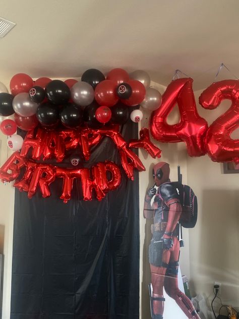 Deadpool brithday decorations Deadpool Theme Birthday Party, Deadpool Decorations Birthday, Deadpool Party, Deadpool Birthday, Dead Pool, Valentines Gifts For Boyfriend, Surprise Party, Pool Ideas, Boyfriend Gifts