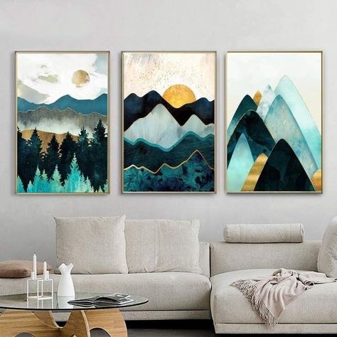 Sun Abstract, Mountain Poster, Geometric Mountain, Soyut Sanat Tabloları, Geometric Painting, Canvas Painting Landscape, Poster Minimalist, Wall Picture, 3 Piece Wall Art