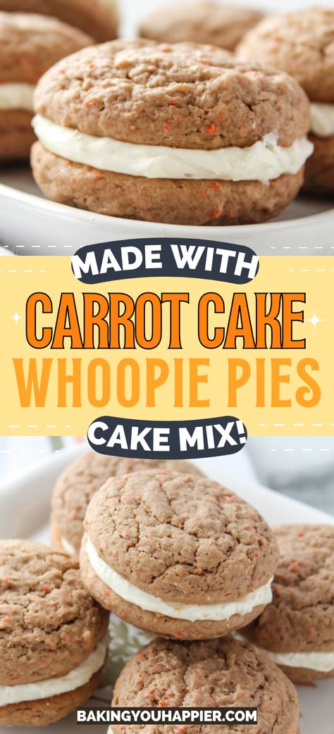 Carrot Cake Mix Whoopie Pies, cream cheese frosting sandwiched between Carrot Cake cookies to make Whoopie Pies for Easter gatherings! Cake Mix Whoopie Pies, Whoopee Pie, Carrot Cake Ingredients, Cake Mix Cookie, Betty Crocker Cake Mix, Soft Cookie Recipe, Whoopie Pie Recipe, Easy Carrot Cake, Carrot Cake Cookies