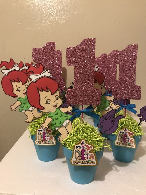 Flintstone Centerpiece Ideas, Pebbles Centerpieces, Flinstones Centerpieces, Flintstones Party Centerpieces, Pebbles Flintstone Centerpieces, Flinstone Centerpieces, Flintstones Centerpieces, Flintstones Baby Shower Theme, Kids Birthday Theme