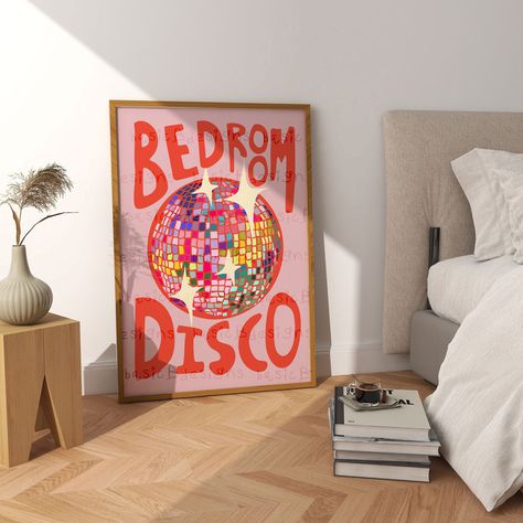 ❤WHAT YOU WILL GET❤ My cute kitchen disco print got a re-brand, with this new bedroom disco print! Get ready to shake, rattle and roll your way through your bedroom with this fun and funky Disco Print! With its bright pink and fun colours, you'll be sure to light up your room with a touch of disco fever. This eye-catching Disco Ball centrepiece will make any boudoir vibrant and enjoyable, while the shining stars will transport you to a world of music and fun. Make your bedroom the coolest spot in town - with this Disco Print! Watermark will not be present when printed - this is for all the thieves out there! Shame on you! ❤FRAMES ARE ONLY FOR ILLUSTRATION PURPOSES - NO FRAME INCLUDED❤ ❤ MADE TO ORDER - NO RETURNS - IF IT ARRIVES DAMAGED PLEASE MESSAGE ME ❤ ❤IDEAS ON WHAT TO USE IT FOR❤ * G Disco Bedroom, Bright Bedroom Colors, Funky Bedroom Decor, Artsy Bedroom, Rainbow Bed, Kitchen Disco, Shake Rattle And Roll, Disco Ball Print, Disco Print