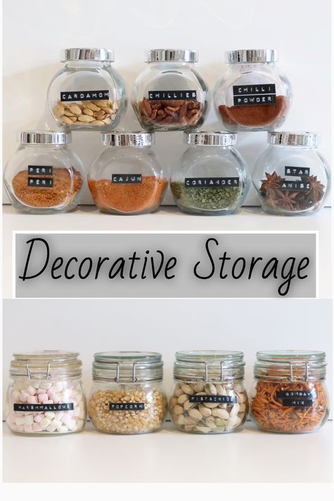 I got my food organised with #ikea jars and a #dymo label maker. I love how organised this all looks! #spicejars #foodstorage #decorativestorage #storagejars Dymo Label Ideas, Ikea Jars, Decorative Food, Dymo Label, Label Ideas, Label Maker, Recipe Organization, My Food, Spice Jars